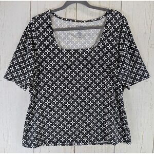 Croft Barrow Size‎ XL Womens Black White Print Short Sleeve Square Neck Top